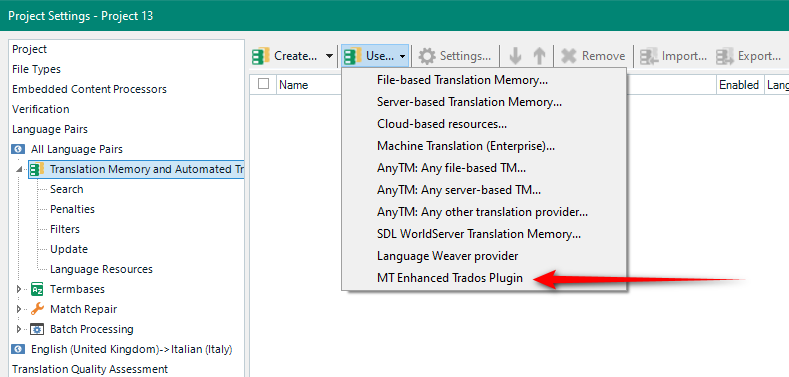 Trados Studio Project Settings window showing Translation Memory and Automated Translation options with MT Enhanced Trados Plugin selected, indicated by a red arrow.