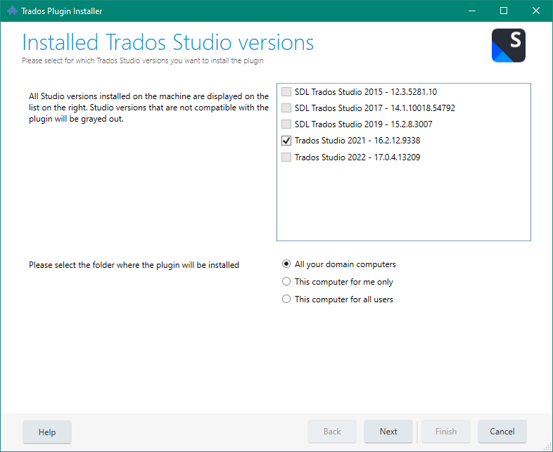 Trados Plugin Installer window showing installed Trados Studio versions with checkboxes. Trados Studio 2021 version is selected, others are not compatible and grayed out. Options to select installation folder for the plugin are at the bottom.