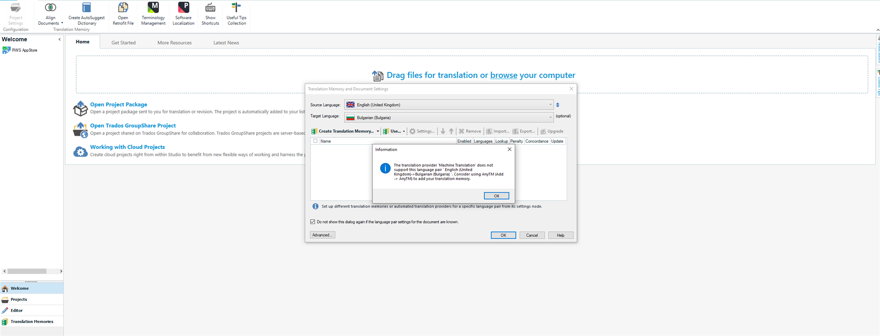 Trados Studio home screen with a warning message 'The translation provider Machine Translation does not support this language pair English (United Kingdom) - Bulgarian (Bulgaria).'