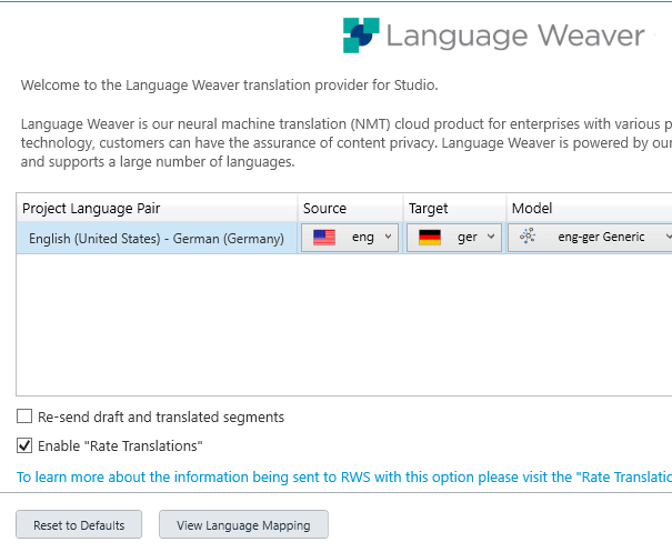 Language Weaver translation provider settings in Trados Studio showing Project Language Pair from English (United States) to German (Germany), with options to re-send draft and translated segments and enable 'Rate Translations'.