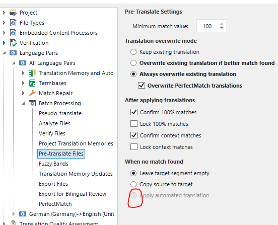 Screenshot of Trados Studio showing Pre-Translate Settings with a red warning icon next to 'Apply automated translation' option.