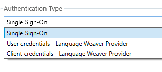 Dropdown menu showing authentication type options: Single Sign-On, User credentials - Language Weaver Provider, Client credentials - Language Weaver Provider.