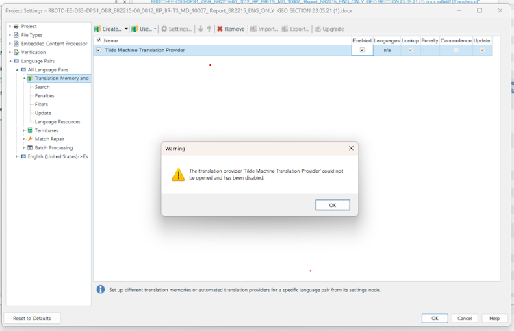 Trados Studio warning message stating 'The translation provider 'Title Machine Translation Provider' could not be opened and has been disabled.' with an OK button.