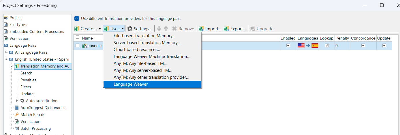 Trados Studio Project Settings showing Language Weaver selected as a translation provider without any visible errors.