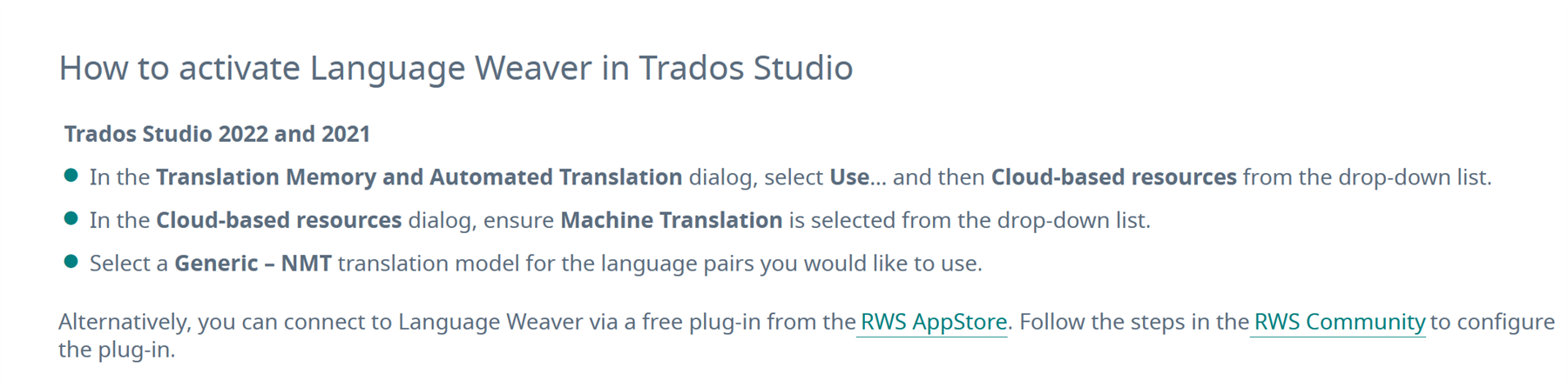 Instructions on how to activate Language Weaver in Trados Studio, including selecting cloud-based resources and a Generic - NMT translation model.