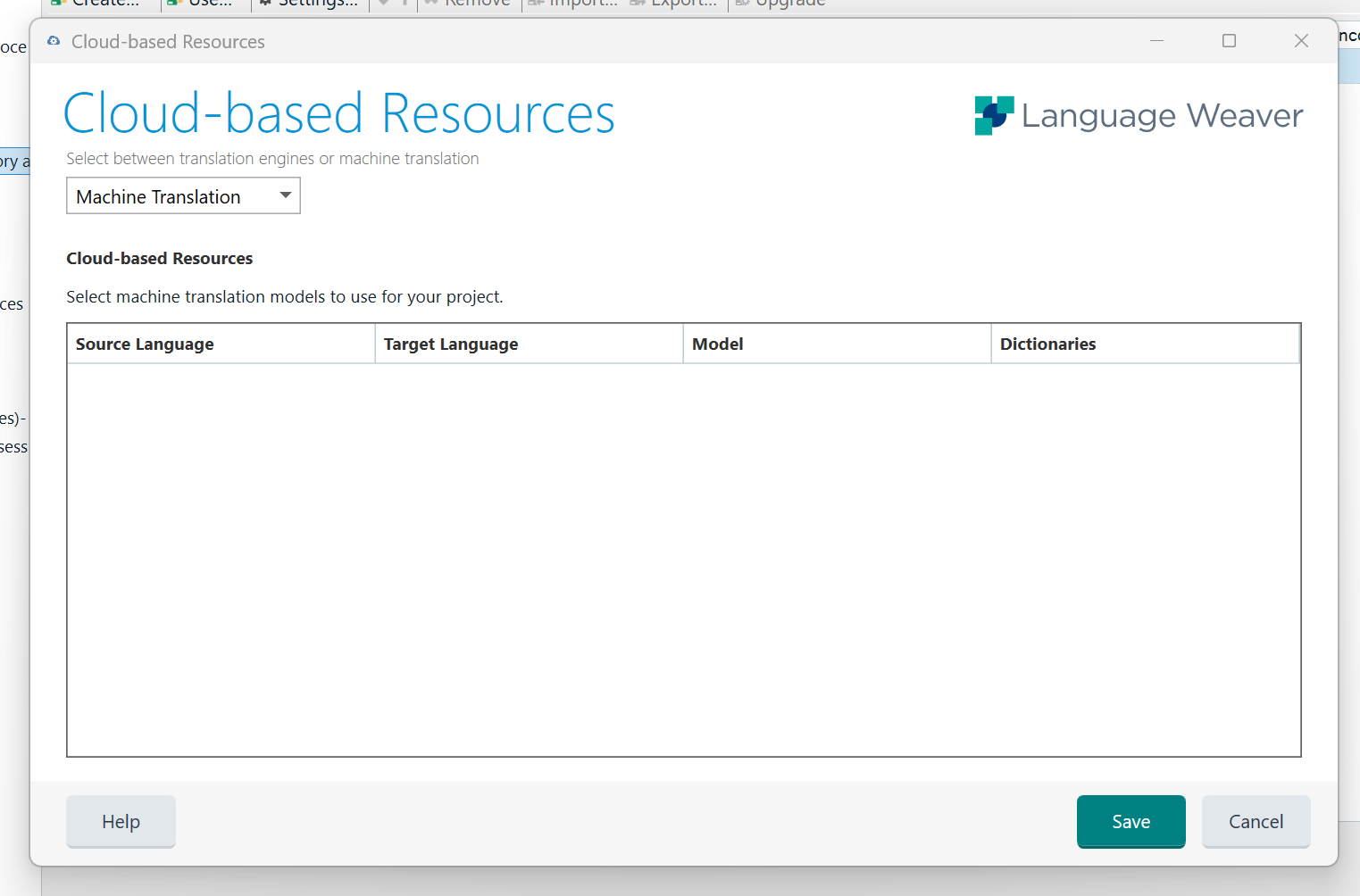 Trados Studio dialog box for Cloud-based Resources with Machine Translation selected but no translation models or dictionaries listed.