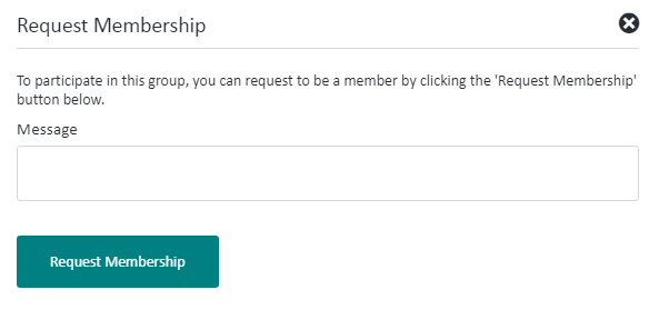 Popup window titled 'Request Membership' with a message box and a 'Request Membership' button.