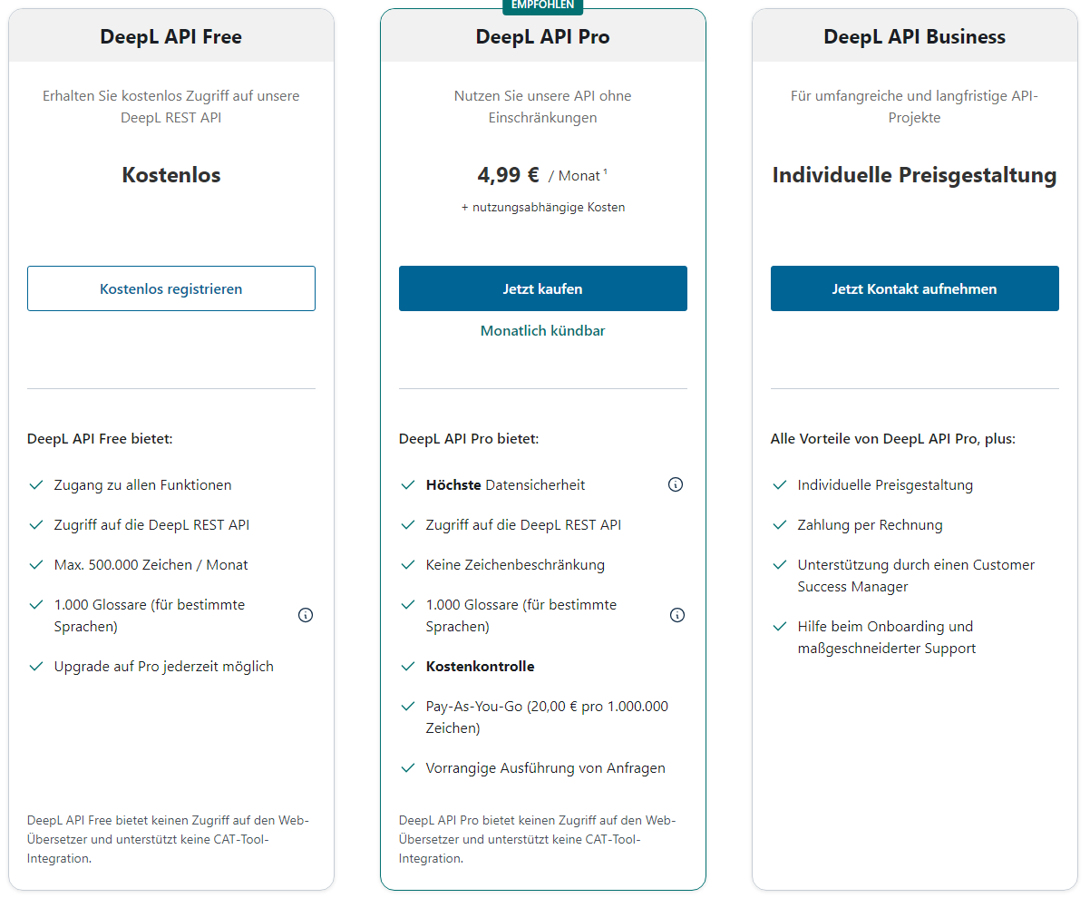 Screenshot of DeepL API Free plan details, including free access to DeepL REST API, 500,000 characters per month, and 1,000 glossaries for certain languages.