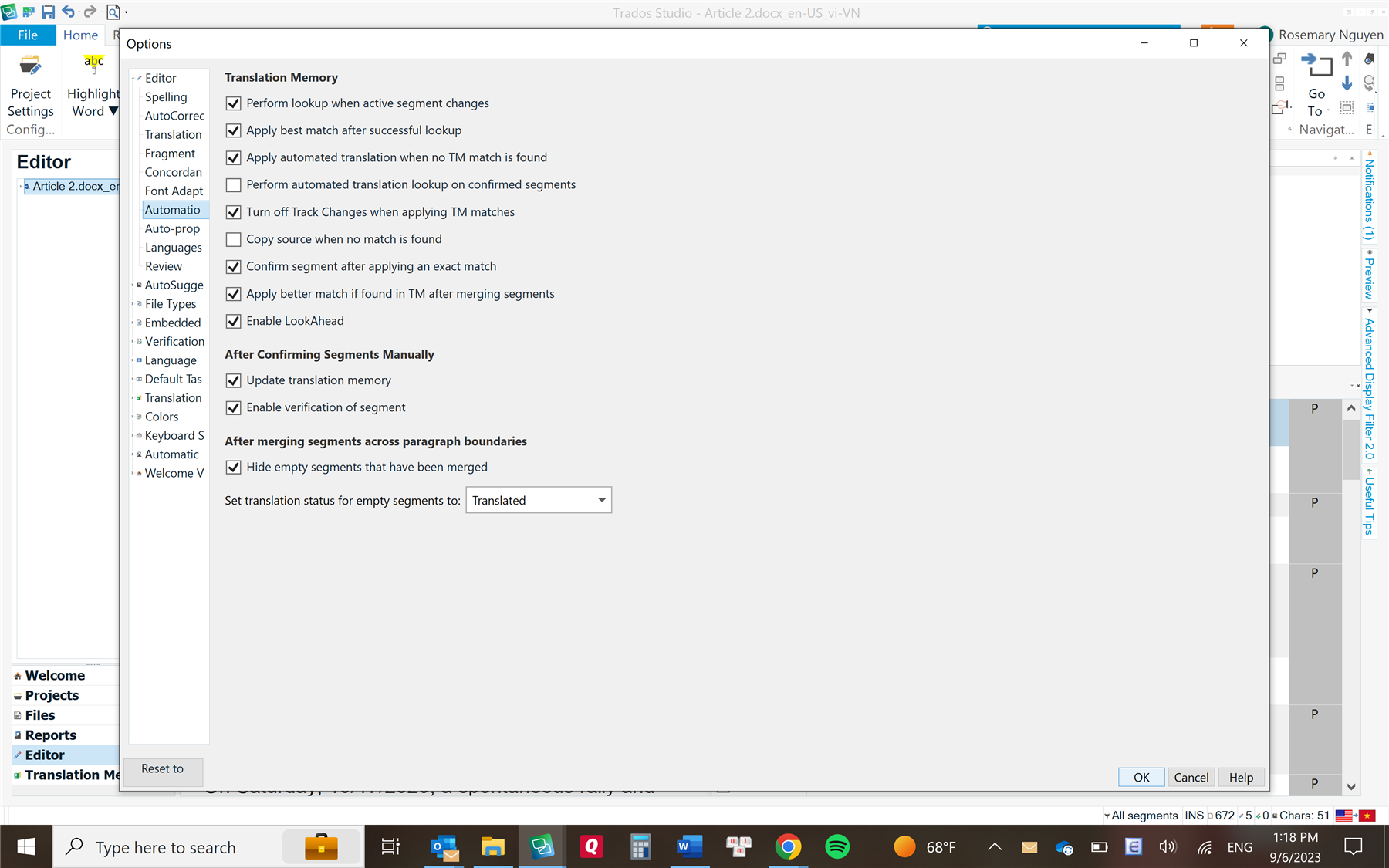 Screenshot of Trados Studio Options menu with Translation Memory settings, 'Perform lookup when active segment changes' and 'Apply automated translation when no TM match is found' are checked.