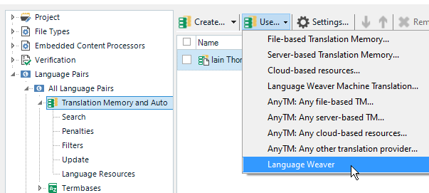 Trados Studio project settings showing Language Weaver option selected but no response or action occurring.
