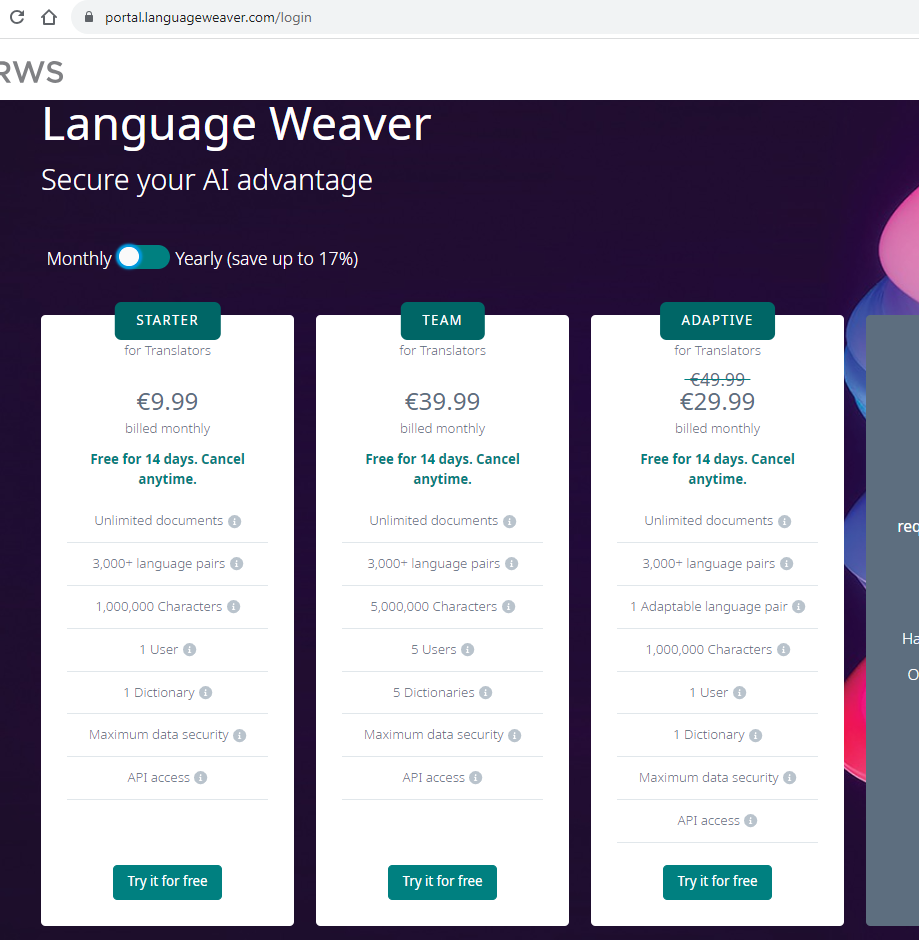 Language Weaver subscription plans webpage with options for Starter, Team, and Adaptive plans showing monthly prices, features, and 'Try it for free' buttons.