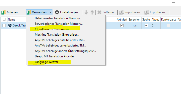 Trados Studio plugin options showing Language Weaver selected under Machine Translation Providers.