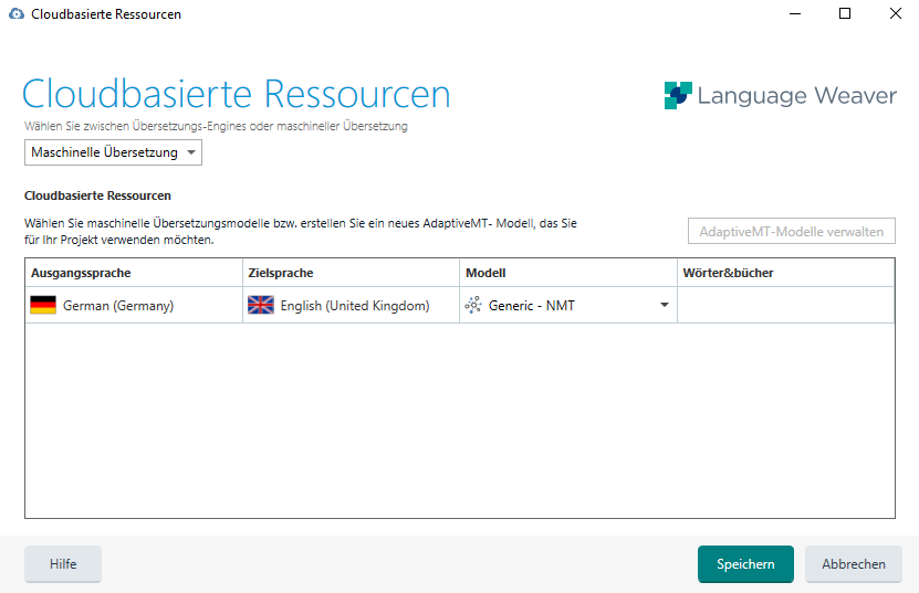 Cloud-based Resources settings in Trados Studio with Language Weaver selected, showing options for source and target languages, model, and dictionaries.