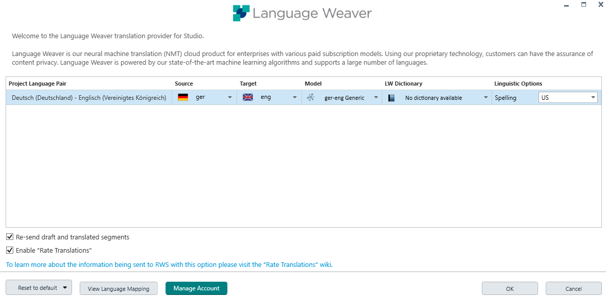 Language Weaver plugin interface in Trados Studio displaying project language pair, source and target languages, model selection, and linguistic options.