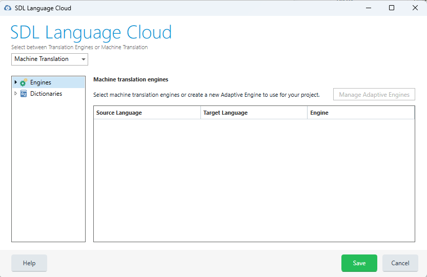 SDL Language Cloud window showing Machine Translation tab with empty machine translation engines list and options to select source and target language.