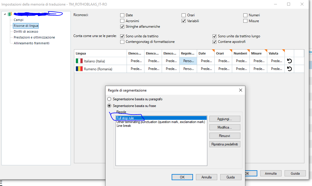 Trados Studio translation memory settings window with 'Full stop rule' selected under segmentation rules and a pop-up message indicating an error with the rule not being saved.