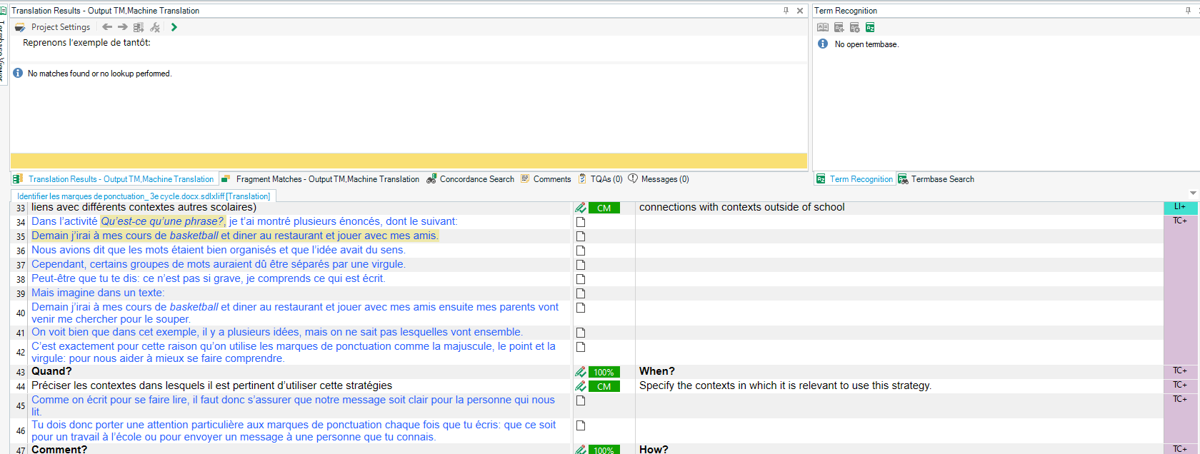 Trados Studio Editor view with a message 'No matches found or no lookup performed.' and a segment of text in French with corresponding translation in English on the right side.