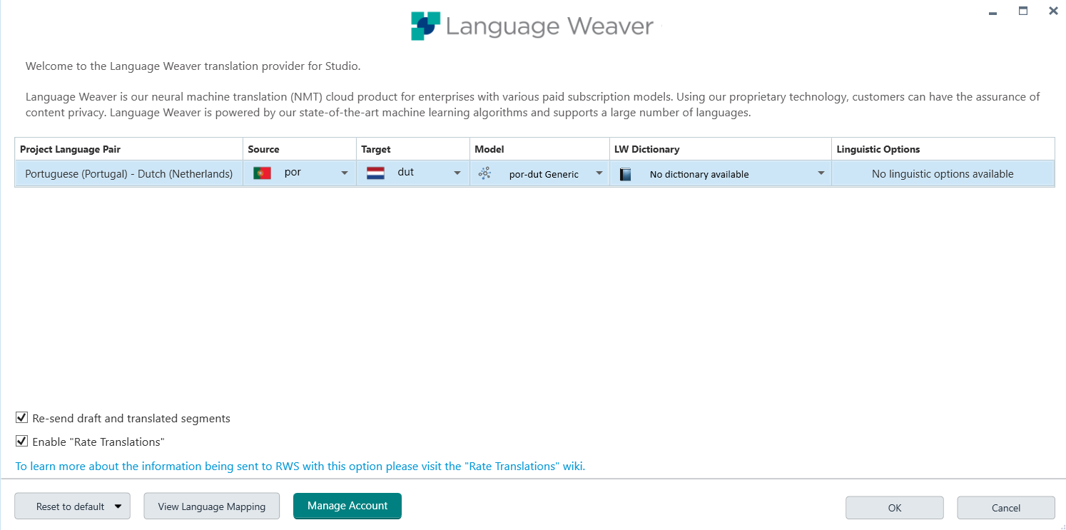 Language Weaver settings window in Trados Studio with Portuguese to Dutch language pair selected, showing no dictionary available and no linguistic options available.