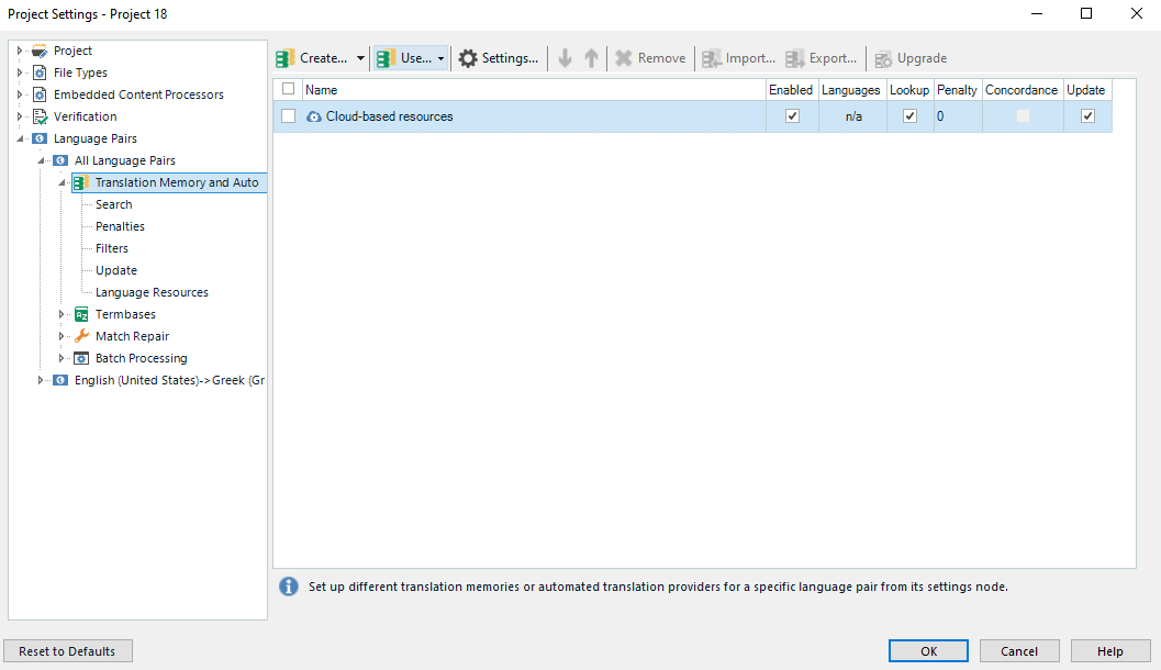 Trados Studio Project Settings window showing 'Cloud-based resources' selected with no visible errors.