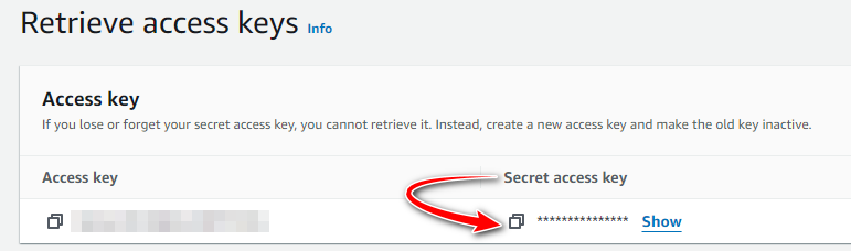 Screenshot of Trados Studio's 'Retrieve access keys' section with a warning that if you lose or forget your secret access key, it cannot be retrieved and you must create a new one.