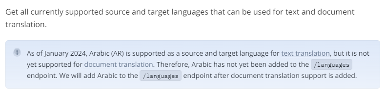 Information box stating that as of January 2024, Arabic (AR) is supported for text translation but not for document translation, and will be added to the languages endpoint once document translation is supported.