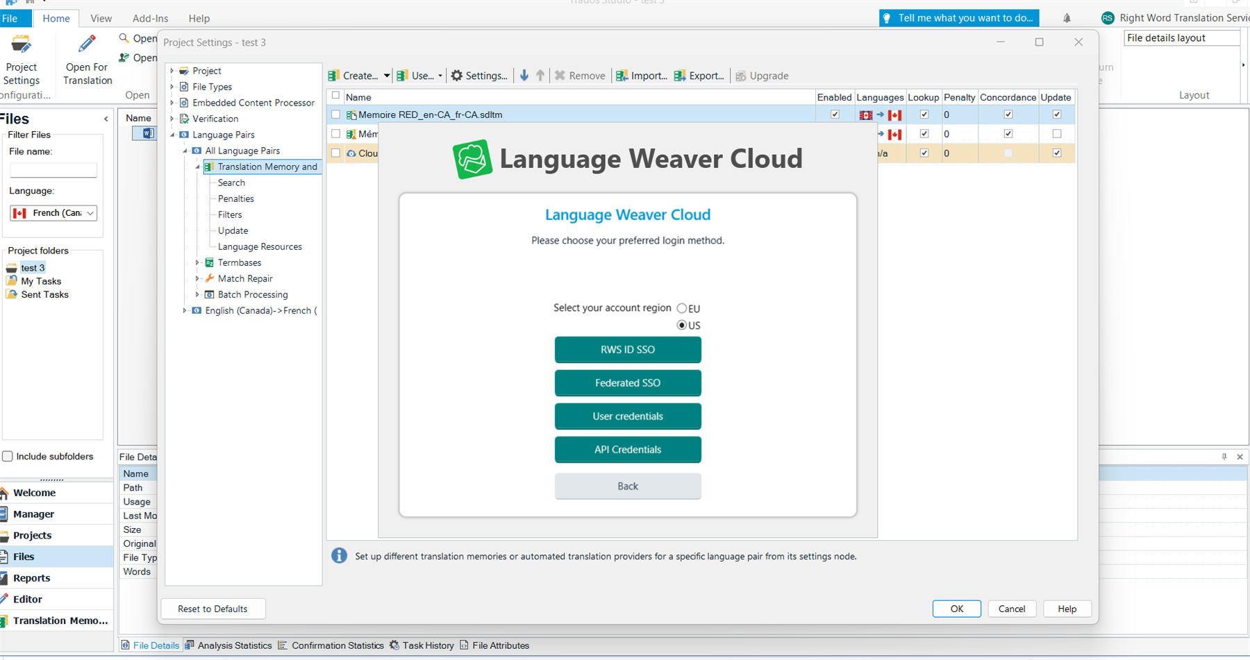 Screenshot of Language Weaver Cloud login window with options for account region EU and US, and login methods including RWS ID SSO, Federated SSO, User credentials, and API Credentials.