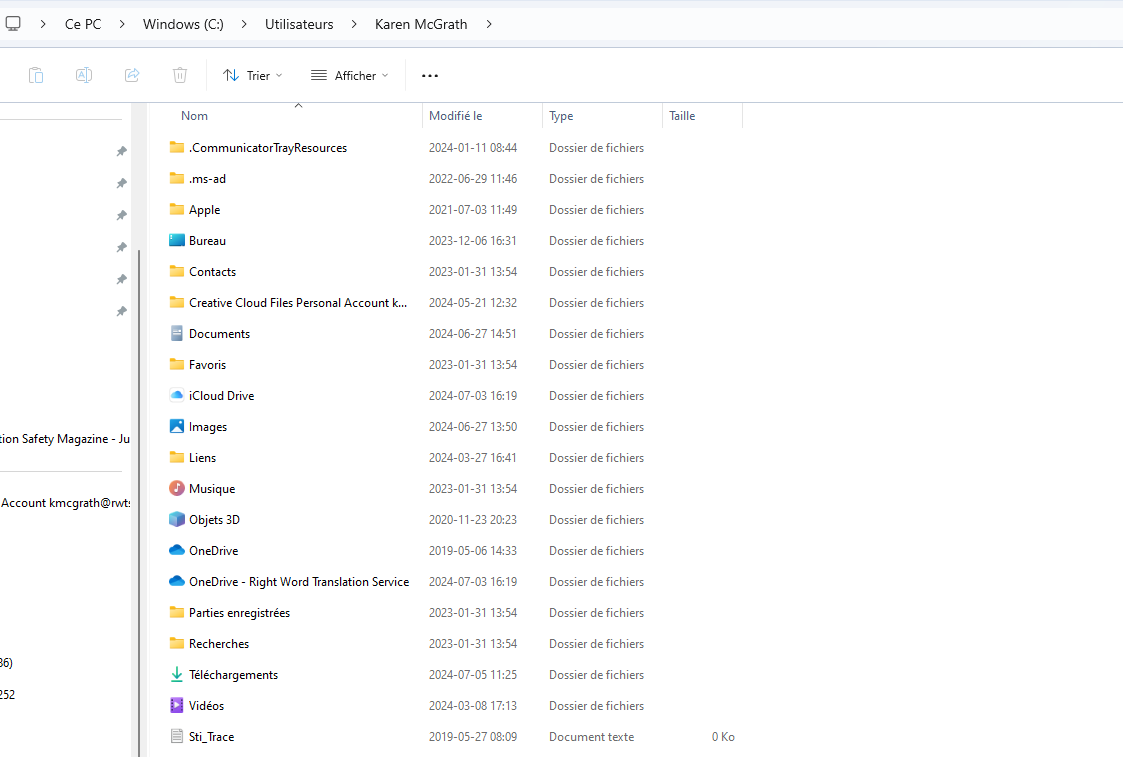 Screenshot of a Windows file explorer window showing user Karen McGrath's directories, including folders like Documents, Images, and OneDrive.