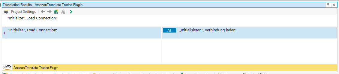 Screenshot of Trados Studio plugin interface showing 'Translation Results - AmazonTranslate Trados Plugin' with the message 'Initialize', 'Load Connection:' in both English and German.