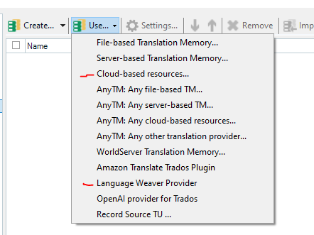 Screenshot of Trados Studio showing a list of translation memory options with 'Cloud-based resources...' and 'Language Weaver Provider' highlighted in red, indicating an error or warning.