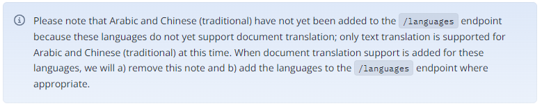 Information box stating Arabic and Chinese (traditional) are not yet supported for document translation on the languages endpoint, with a note on future inclusion.