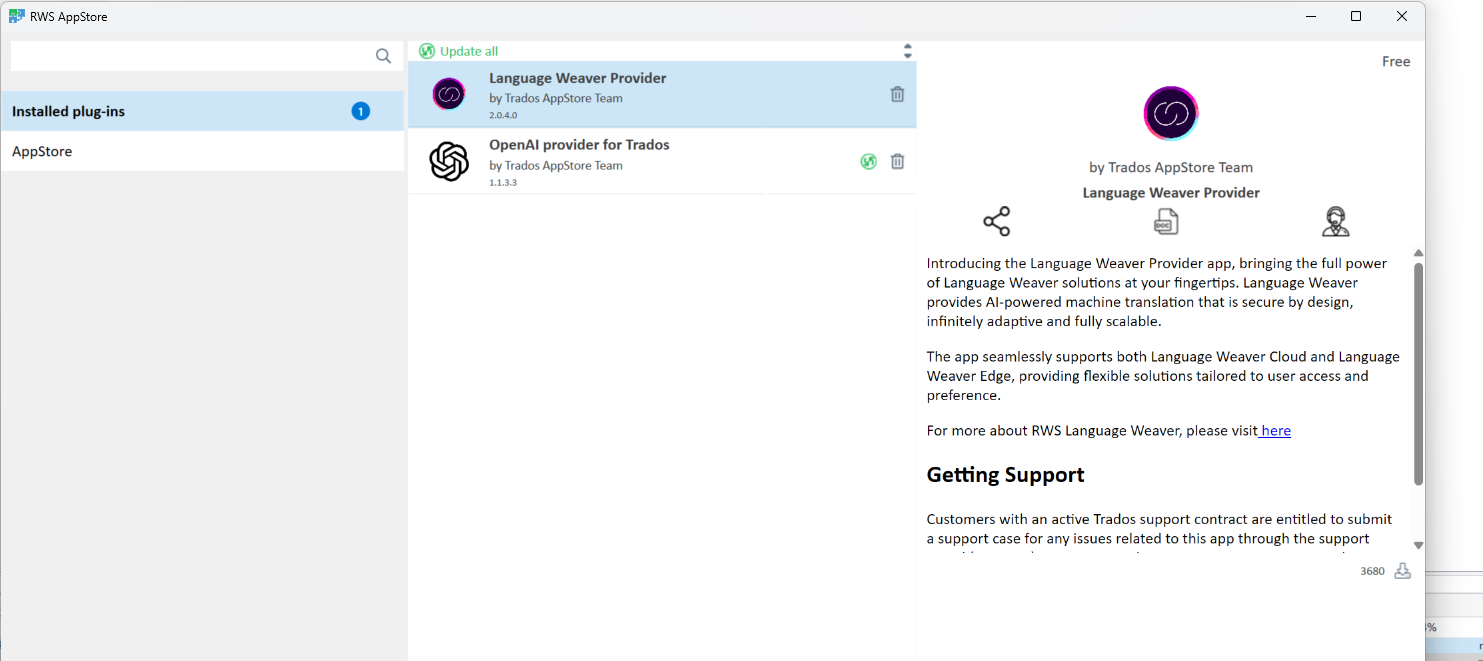 Screenshot of RWS AppStore showing installed plug-ins with Language Weaver Provider by Trados AppStore Team version 2.0.4.0 and OpenAI provider for Trados version 1.1.3.3. An 'Update all' button is visible at the top.