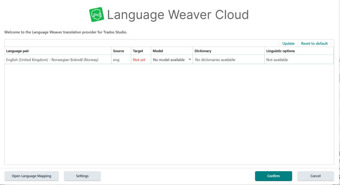 Screenshot of Language Weaver Cloud interface for Trados Studio showing a language pair configuration with source language set to English (United Kingdom) and target language not set, indicating an error.