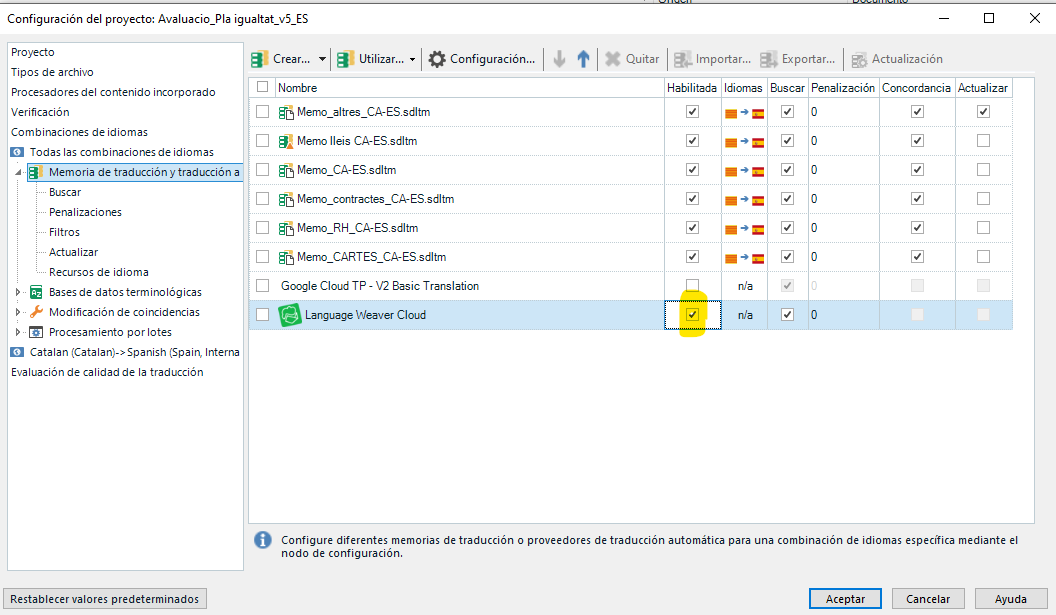 Project configuration window showing Language Weaver Cloud enabled with a yellow highlight in the list of translation providers.