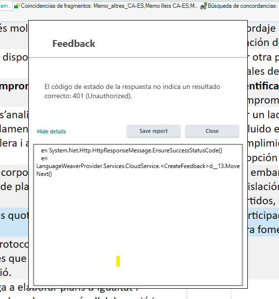Feedback dialog box displaying the error message: 'El c digo de estado de la respuesta no indica un resultado correcto: 401 (Unauthorized).' with technical details below.