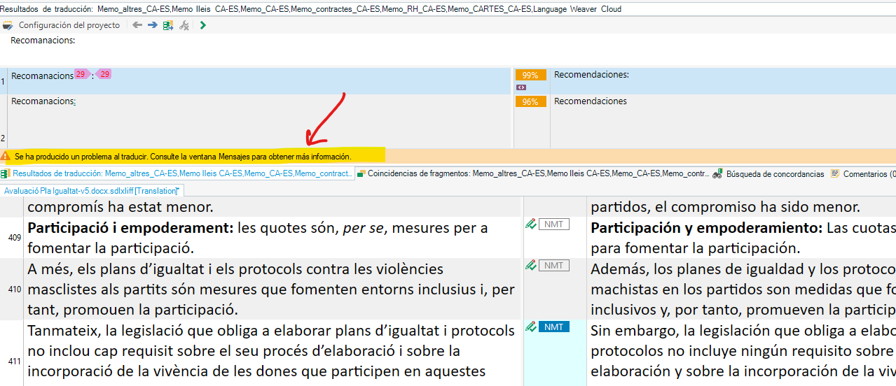 Translation results window showing a yellow error message: 'Se ha producido un problema al traducir. Consulte la ventana Mensajes para obtener m s informaci n.'