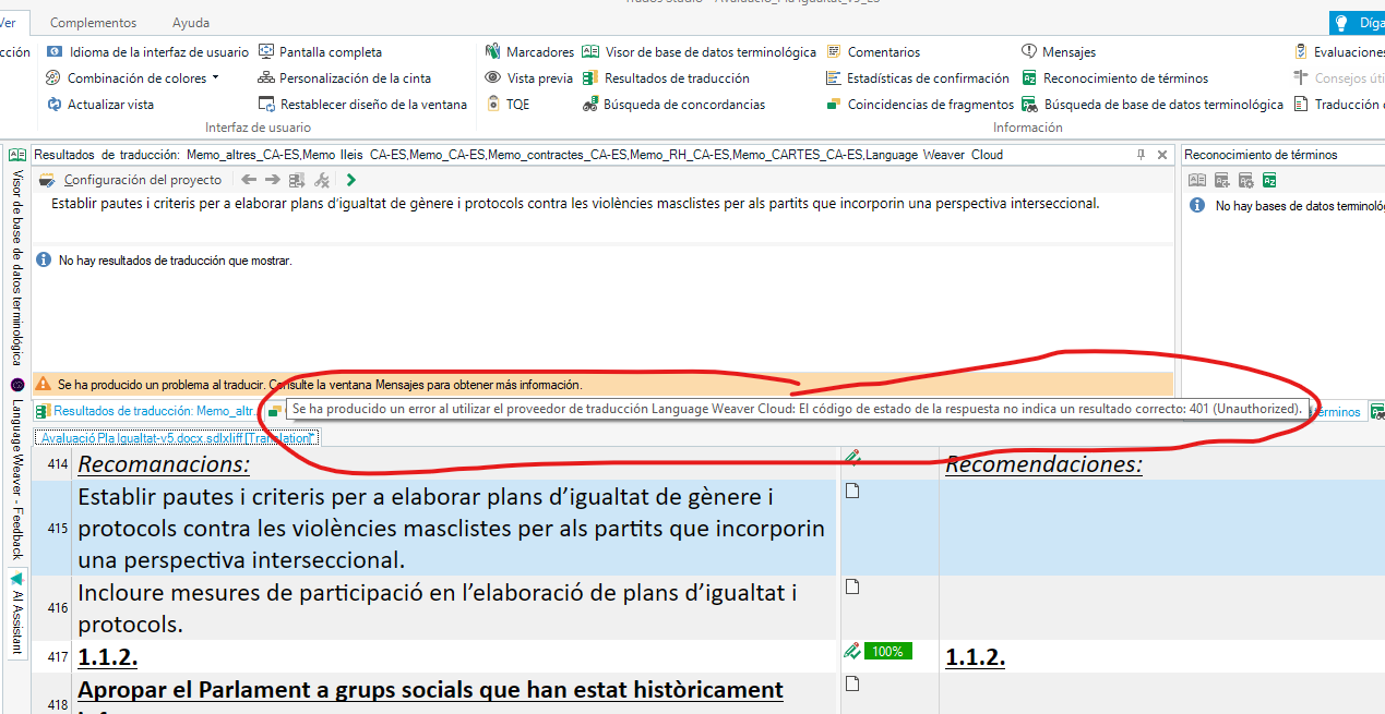 Translation results window with a red error message: 'Se ha producido un error al utilizar el proveedor de traducci n Language Weaver Cloud: 401 (Unauthorized).'