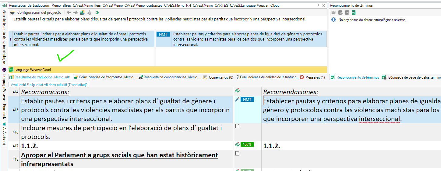 Translation results window showing successful translation with a green checkmark and Language Weaver Cloud listed as the provider.