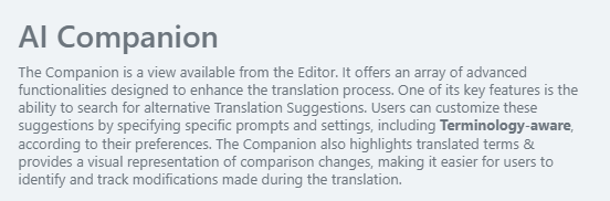 Screenshot of the AI Companion description, explaining its features for enhancing translation, including terminology-aware suggestions and visual comparison of changes.