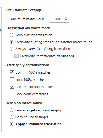 Screenshot of Trados Studio Pre-Translate Settings with Minimum match value set to 100 and options to confirm and lock context matches selected.