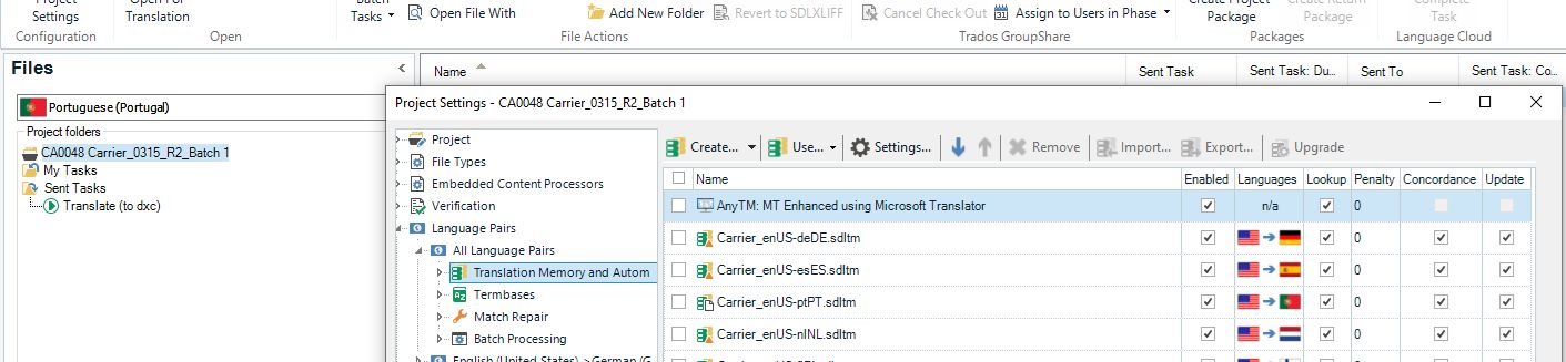 SDL Trados Studio project settings with a selected Portuguese (Portugal) project folder and Translation Memory 'AnyTM: MT Enhanced using Microsoft Translator' with various language pairs listed.