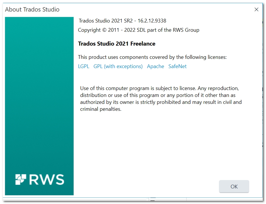 About Trados Studio dialog box showing version 2021 SR2 - 16.2.12.9338, copyright information, and licensing details including LGPL, GPL with exceptions, Apache, and SafeNet.