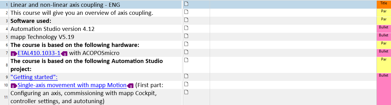 Screenshot of Trados Studio showing a list of items with bullet points, including 'Linear and non-linear axis coupling - ENG', 'Software used: Automation Studio version 4.12', and 'Single-axis movement with mapp Motion'. No visible errors or warnings.