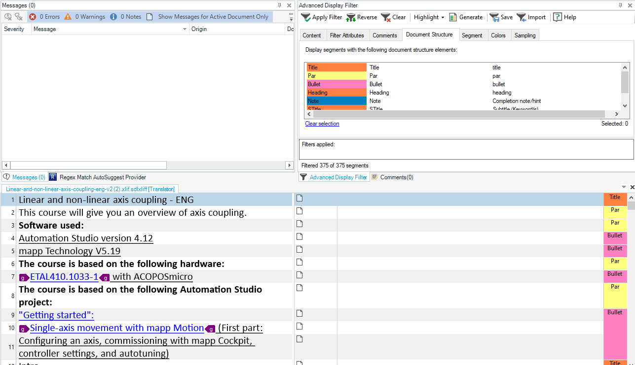 Trados Studio 2022 interface showing a document with color-coded segments in the Advanced Display Filter, no errors or warnings present.