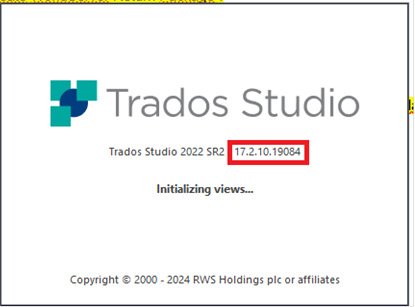 Startup screen of Trados Studio 2022 SR2 displaying version number 17.2.10.1984 and a status message 'Initializing views...'.