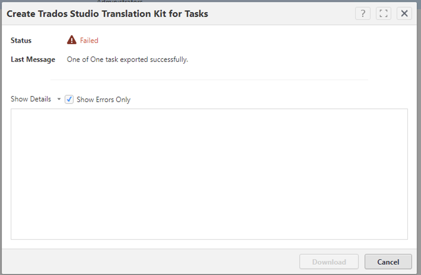 Screenshot of WorldServer's 'Create Trados Studio Translation Kit for Tasks' dialog box with a 'Failed' status and a contradictory success message stating 'One of One task exported successfully.'