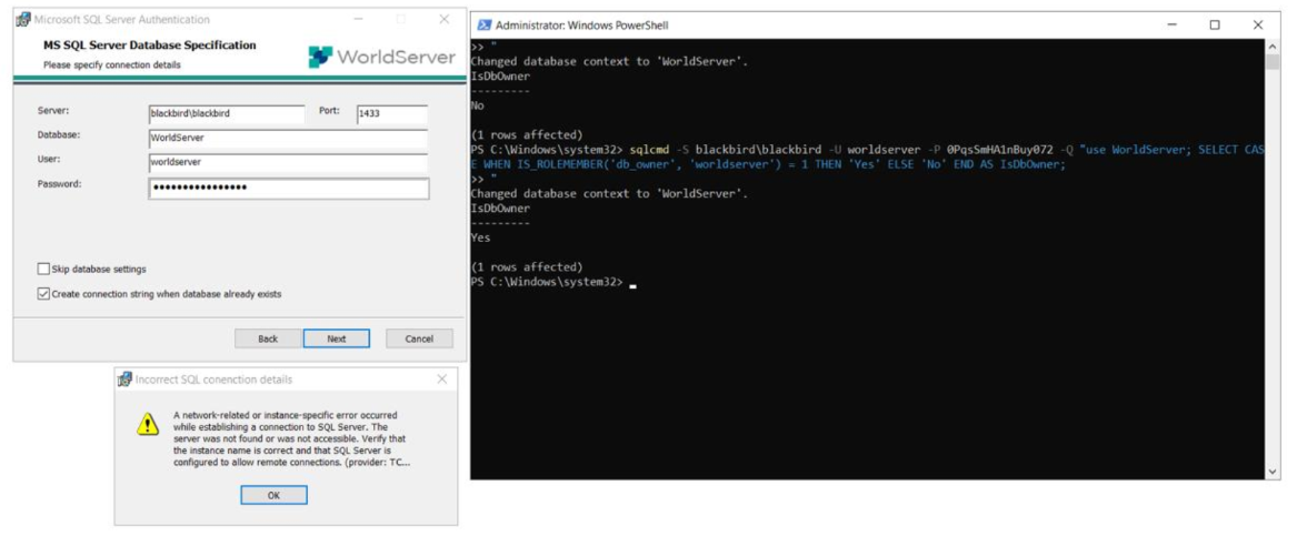 Screenshot of Microsoft SQL Server Authentication window for WorldServer with fields for Server, Database, User, and Password filled out. An error message 'Incorrect SQL connection details' is displayed at the bottom.