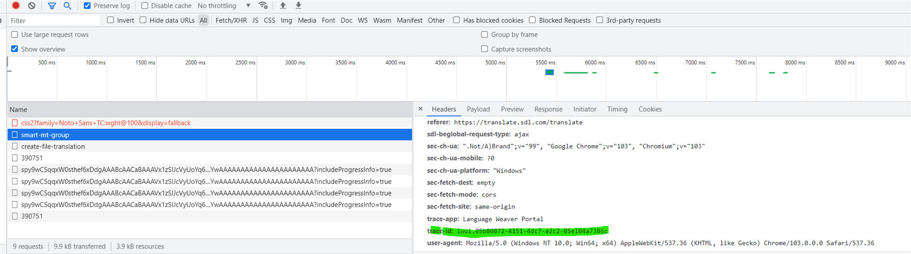 Screenshot of Chrome Developer Tools showing network requests made by Trados Studio. The 'trace-id' header is highlighted, showing a unique identifier for the translation request.