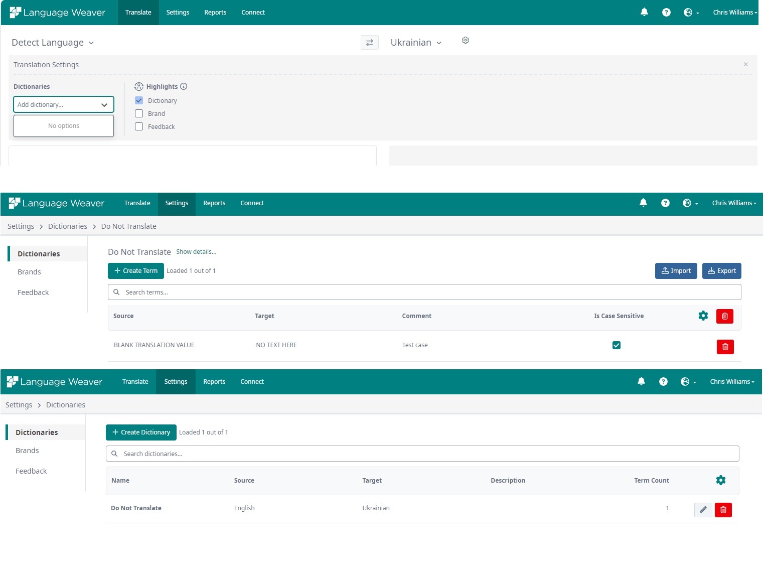 Screenshot of Language Weaver's 'Detect Language' settings page with 'Translation Settings' and 'Dictionaries' sections. The 'Add dictionary...' dropdown shows 'No options' available.