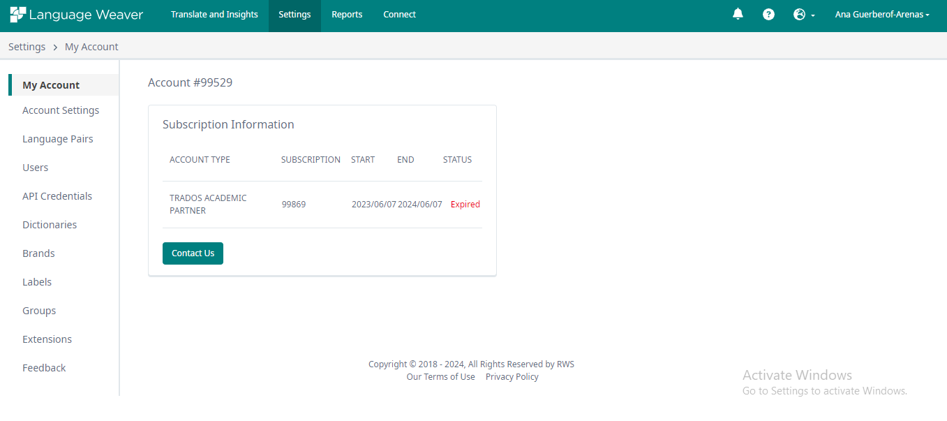 Screenshot of Language Weaver account page showing Subscription Information with 'TRADOS ACADEMIC PARTNER' account type, subscription number 99869, start date 20230607, end date 20240607, and status 'Expired'. A 'Contact Us' button is visible.