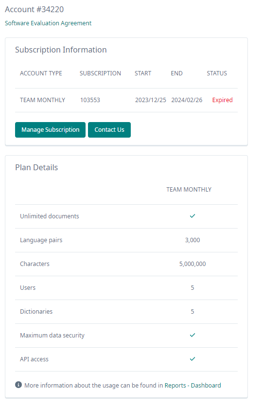 Screenshot of an account subscription page showing Subscription Information with an expired TEAM MONTHLY plan, and Plan Details for a translation service with various features including 5 million characters.